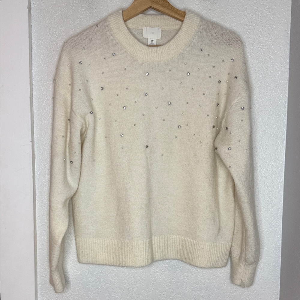 H&M Ivory rhinestones sequins pearls Knit Sweater Size Small Cozy Soft Glam